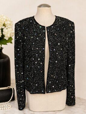 Vintage Sean Collection Black Silk Beaded Sequin Evening Jacket Size Large